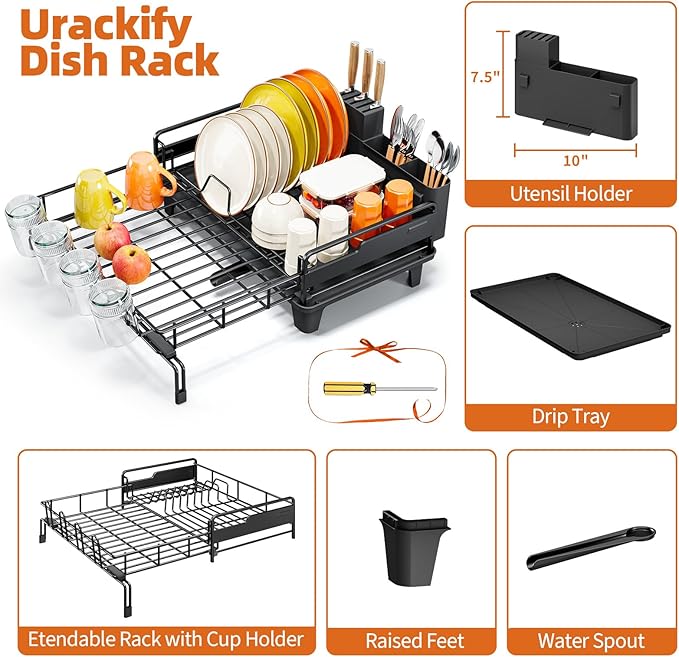Extendable Dish Drying Rack, Multifunction Dish Rack for Kitchen Counter, Expandable Dish Drainer Over Sink, Large Dish Strainer with Cups Holder, 1 Tier Black