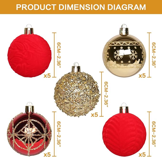 2.36In Velvet Christmas Ball Ornaments, 25PCS Red/Gold Flocked Christmas Tree Hanging Decorations, for Home Holiday Wedding Indoor Xmas Party Decor.