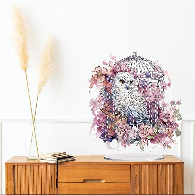 Diamond Painting Kits for Adults Beginners, 5D Full Drill Owl Crystal Art Desktop Ornament, DIY Single Sided Home Office Desk Decor, Creative Craft Gift Set with Tools