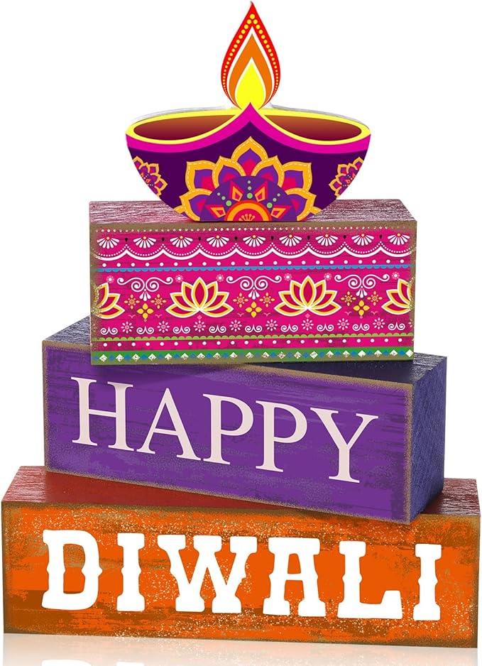 4 Pcs Diwali Wooden Table Decoration Centerpiece Happy Diwali Tiered Tray Decor Warm Wishes Diyas Wooden Design for Traditional Festival Party Deepawali Celebration Supplies