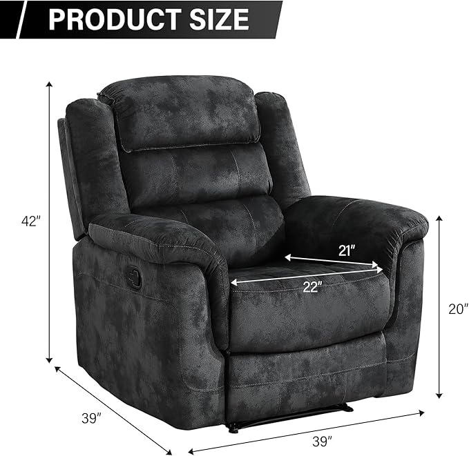 EBELLO Manual Recliner Chair, Soft Fabric Recliner Sofa with Overstuffed Armrest and Backrest for Living Room, Bedroom, Grey
