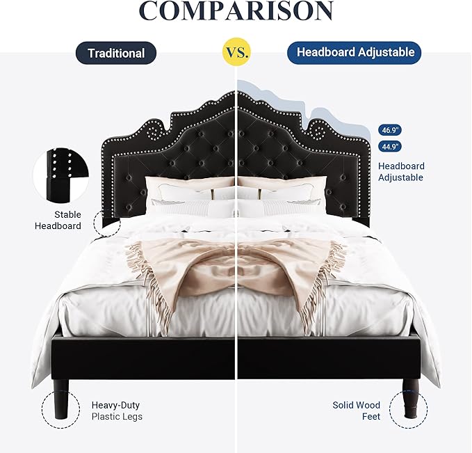 Allewie Queen Velvet Bed Frame with Adjustable Headboard, Wooden Slats, No Box Spring Needed, Easy Assembly, Black