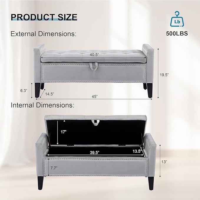 Storage Ottoman Bench, Velvet Upholstered Footstool for Bedroom and Living Room, Tufted Seat with Storage, Wooden Legs & Metal Rivets, Grey