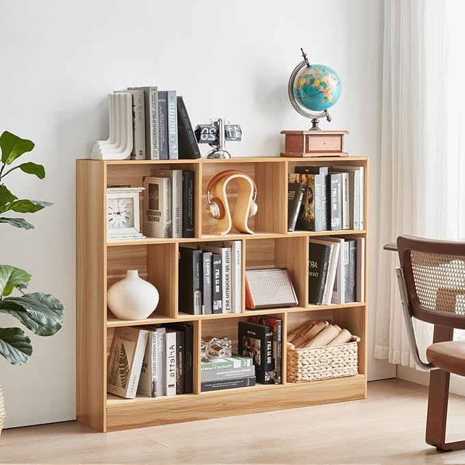 LEYAOYAO 10 Cube Bookshelf with Base,3 Tier Mid-Century Modern Grey Bookcase,Standing Wide Bookshelves Storage Organizer Shelf,Rustic Wood Display Cabinet Book Shelves for Bedroom,Living Room,Office