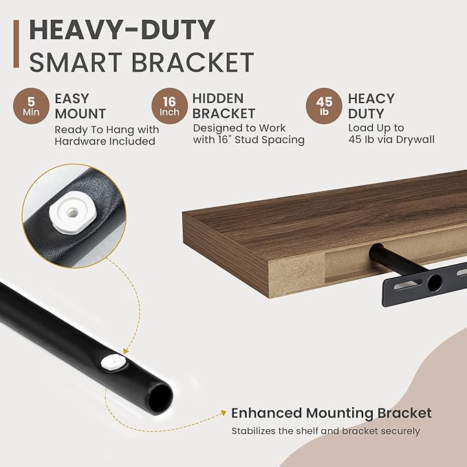 40 Inch Floating Shelves, 8 Inch Deep Floating Shelves for Wall, Hanging Shelf with Invisible Brackets, Deep Shelves for Bathroom, Bedroom, Living Room, Walnut, Set of 2