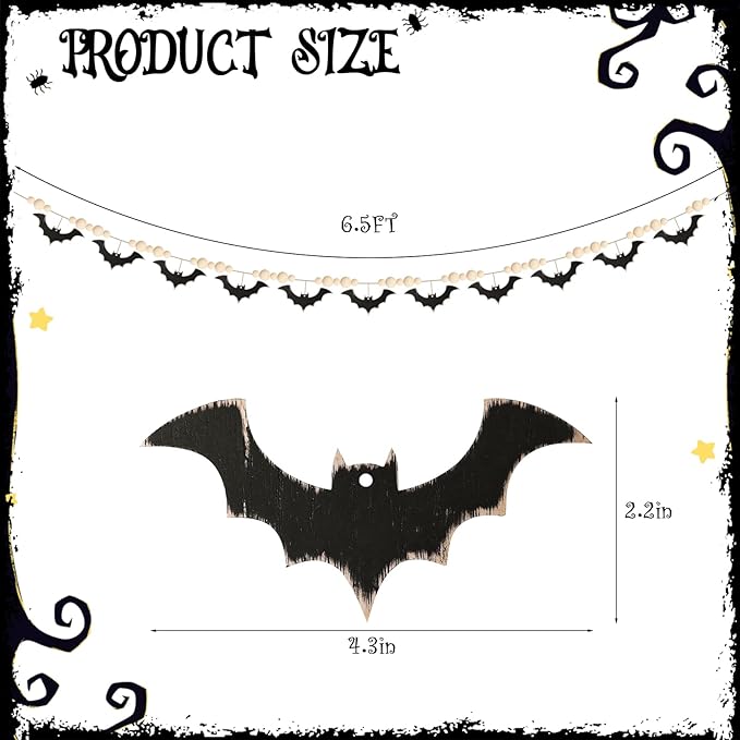 Halloween Garland, Farmhouse Wood Bats and Bead Garland for Halloween Decorations, Bat Banner for Wall Home Indoor Outdoor Black Halloween Decor Supplies