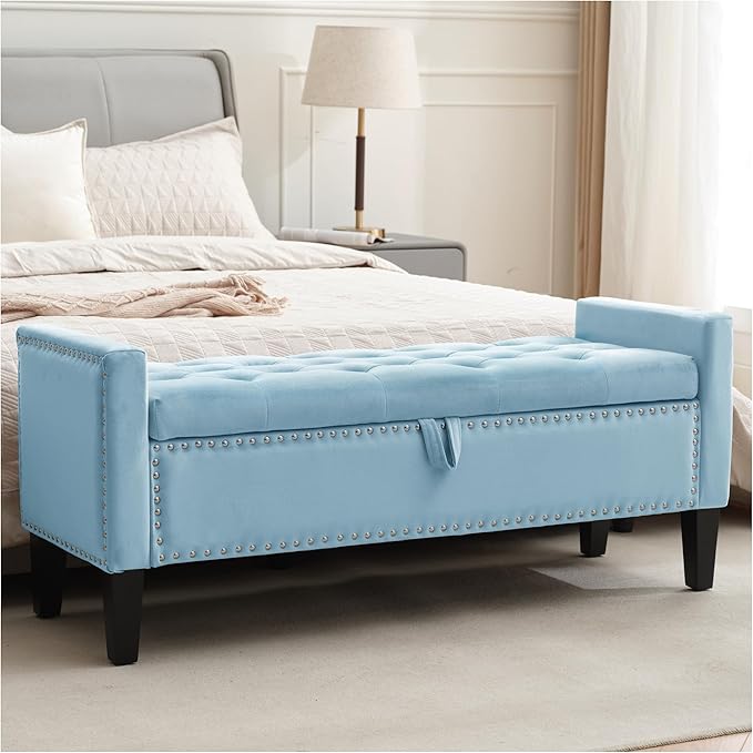 Storage Ottoman Bench, Velvet Upholstered Footstool for Bedroom and Living Room, Tufted Seat with Storage, Wooden Legs & Metal Rivets, Light Blue