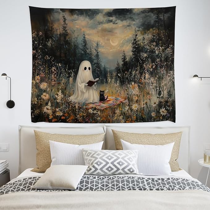 Halloween Ghost and Black Cat Tapestry Wall Hanging Spooky Ghos Reading Book in Wildflowers Wall Decor Halloween Witchy Room Aesthetic Tapestries for Goth Living Room Bedroom Decoration 60x80inch