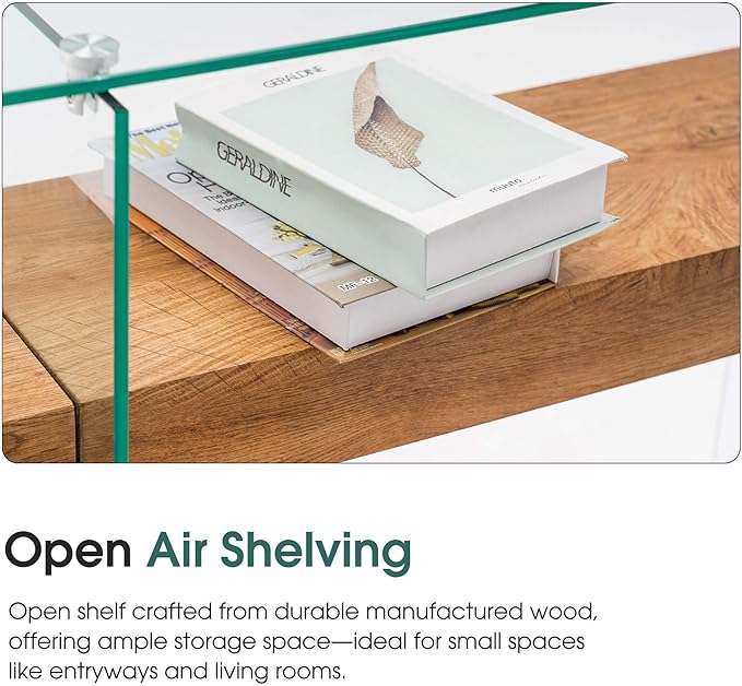 ivinta Glass Console Table with Storage, 39.4" Modern Narrow Entryway Table for Living Room, Entrance, Hallway or Bedroom 5101 (Natural Wood)