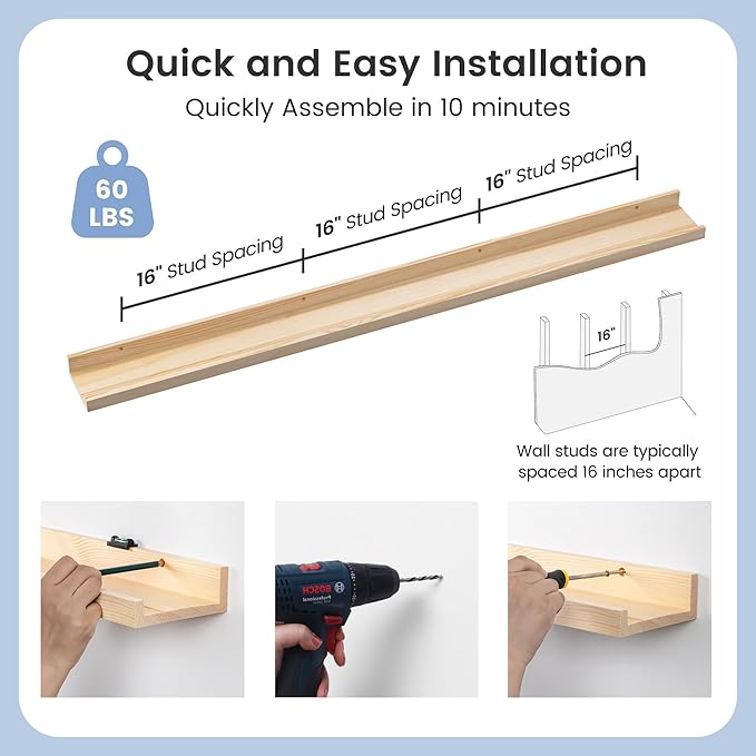 Picture Ledge Shelf, Floating Shelves Set of 2, Solid Pine Wood 55'' Long Large Nursery Book Shelves for Toys Storage, Kids Bookshelf for Living Room Bedroom Decor Books Photo Frames, Natural