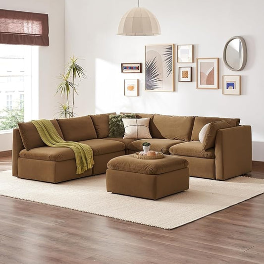 mopio Oversized Modular Sectional Sofa with Fully Removable Covers and Storage, Convertible U & L Shaped Sectionals, Modern Cloud Couch with Ottoman Chaise (Hazelnut Velvet, 6 Seats, L)