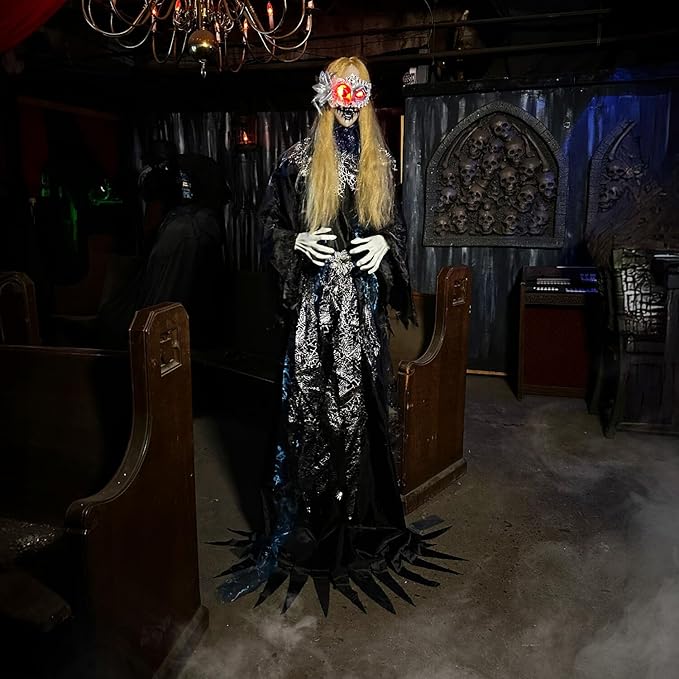 Haunted Hill Farm 5.5-Ft Animatronic Animated Standing Masquerade Lady, Halloween Animatronic, Spooky Venetian Masquerade Prop, Creepy House Party Decoration, Touch-Activated Lights & Sound, Life-Size
