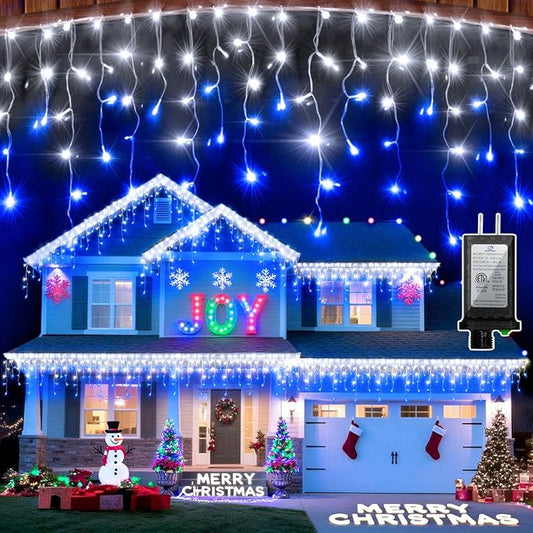 612 LED 60FT Icicle Christmas Lights - 136 Drops Waterproof 12 Modes Memory Timer, Outdoor Hanging Roof Lights for Eaves Gutter Xmas Tree Holiday Decorations Blue & White