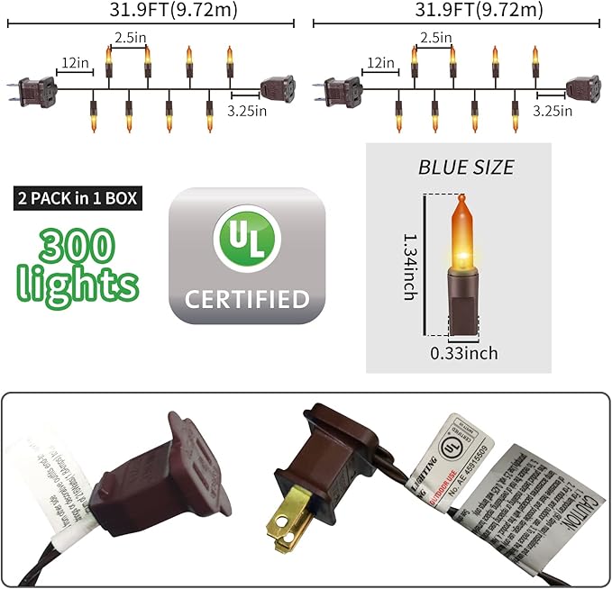Halloween Lights, 300 Count Brown Wire Incandescent Christmas Mini Lights, 120 V High-Voltage UL CertifiedLight String Connectable, for Indoor Outdoor Patio Tree Party Home Decor, Orange