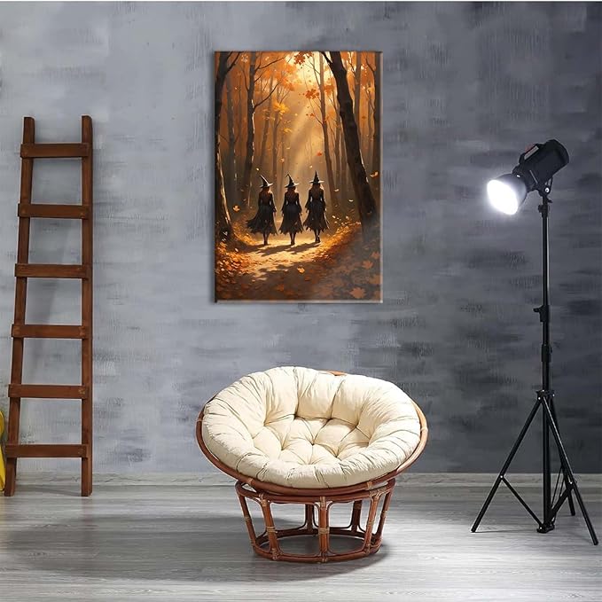 Three witches walking in the forest in autumn canvas painting gothic poster halloween print country witch wall art for home decoration12x16in Wood Framed