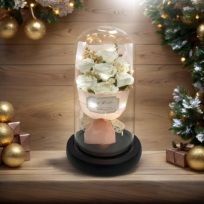 Gift for Her Forever Flower Bouquet for Delivery Prime Preserved White Roses Glass Dome LED Light 100 Languages I LOVE YOU Necklace Mothers Day Birthday Romantic Valentines Gift for Wife Women Mom