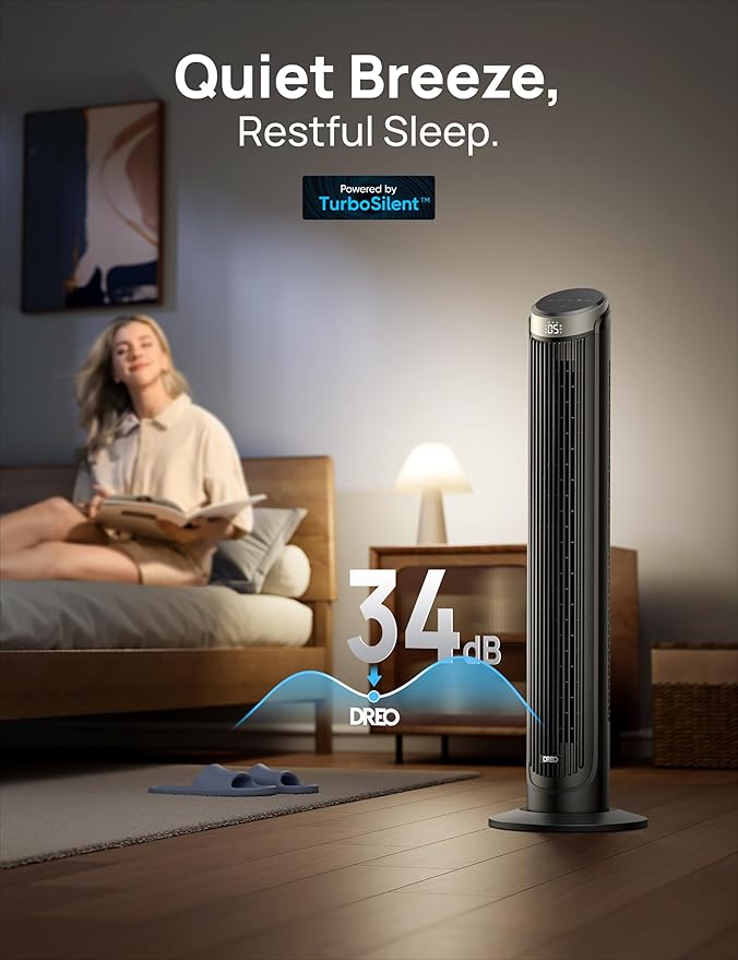 Dreo Smart Tower Fan for Bedroom, 90° Oscillating 40" Standing Fan, 26ft/s High-Speed 5 Speeds 4 Modes, Quiet Room Floor Fans, Touch/Remote/APP & Voice Control, Work with Alexa, 12H Timer, Silver