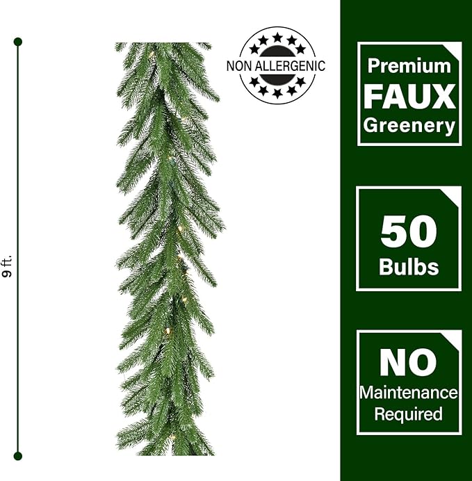 Fraser Hill Farm 9-Ft. Green Fir Garland with Warm White LED Lights | Battery Operated | Festive Christmas Holiday Decor for Fireplace Mantel, Stairway, Console Table | FFGF108GL-5GR