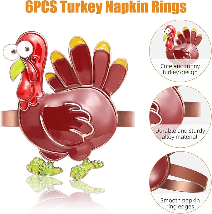 Halatool 6 PCS Thanksgiving Day Colorful Turkey Napkin Ring Funny Metal Festival Napkin Holders for Dinner Table Party Decoration