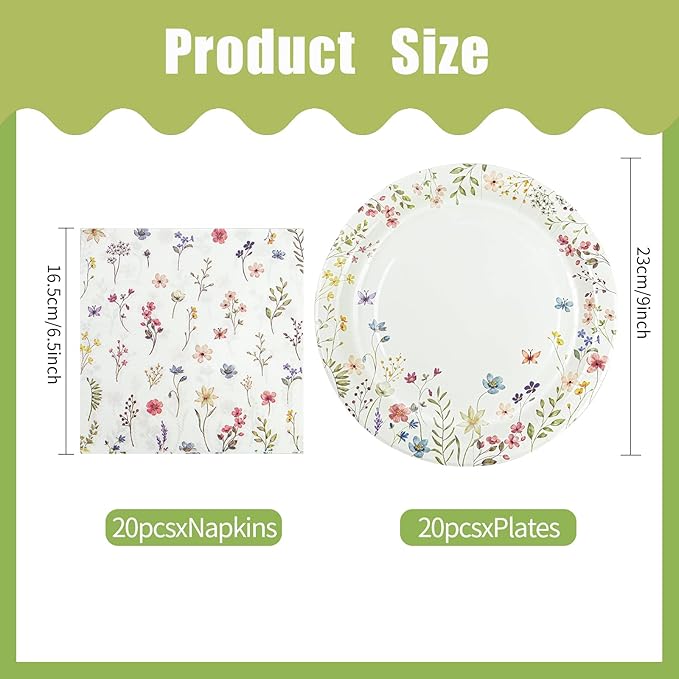 40 pcs Spring Wildflower Pary Paper Plates and Napkins Disposable Flower 9 inch 20 pcs Dessert Party Plates & 20 pcs Napkins Tableware for Fruit Cake Party Decorations