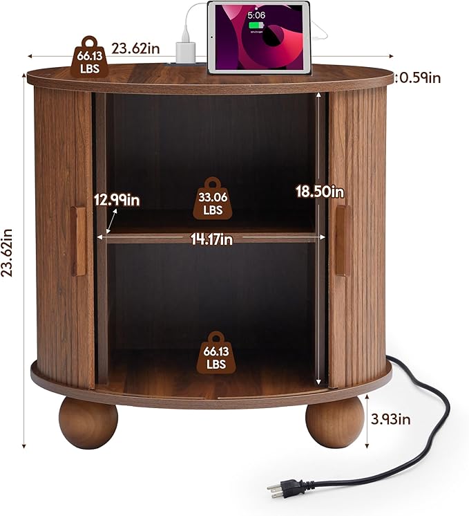 Farmhouse Round End Table with Charging Station, 24" Large Fluted Sofa Side Table with Sliding Tambour Door & Storage, Mid-Century Wood Nightstand for Living Room, Bedroom (Walnut)