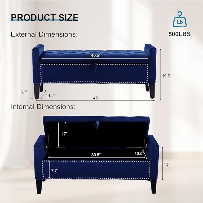 Storage Ottoman Bench, Velvet Upholstered Footstool for Bedroom and Living Room, Tufted Seat with Storage, Wooden Legs & Metal Rivets, Dark Blue