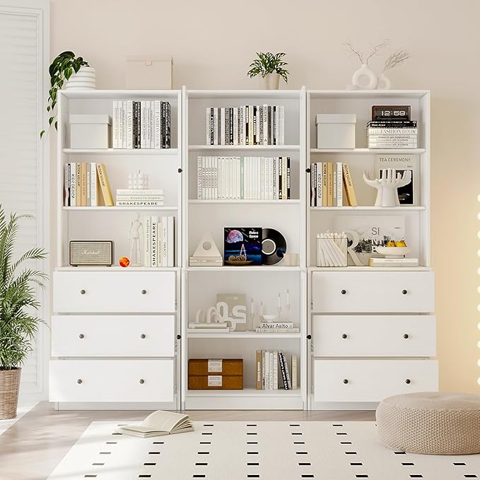 TUSY 71" Bookshelf Bookcase, 3-Tier Modern Bookshelves 3 Large Drawer, Wood Filing Cabinet with Open Storage Shelf, Glass Doors 5-Tier Fixed Storage Shelves for Home Office