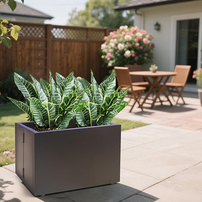 Metal Planter Box Rectangular Block-No Installation Required Galvanized Steel Long Box Planter Modern Outdoor Planters All-Weather Use with Drainage Holes for Patio/Porch,16 ×12×12IN