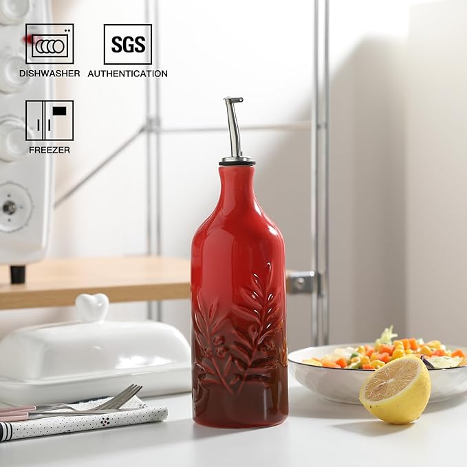 Sweejar Ceramic Olive Oil Dispenser Bottle, 20 Oz Relief Opaque Oil Cruet Protects To Reduce Oxidation, Suitable for Storage Vinegar, Soy Sauce, Coffee Syrup, Liquids, Set of 1 (Gradient Red)