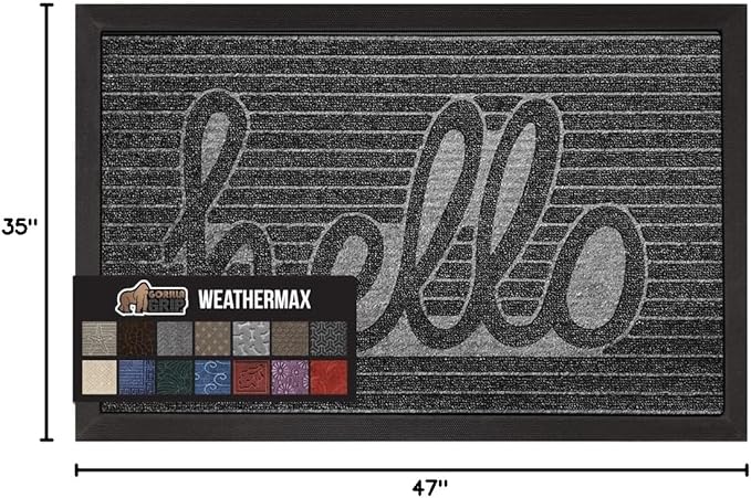 GORILLA GRIP 100% Waterproof All-Season WeatherMax Doormat, 47x35, US Designed Natural Rubber, Stain and Fade Resistant, Low Profile Indoor Outdoor Door Mats, Easy Clean Patio Mat, Charcoal Hello