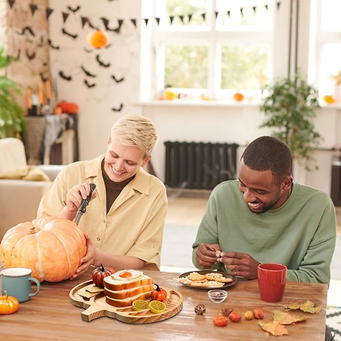 AWIZOM Pumpkin Wooden Serving Platter Thanksgiving Serving Tray Wood Snack Cheese Charcuterie Board Sectional Wooden Pumpkin Dish Plate for Fall Autumn Harvest Halloween Supplies,14.96x11.81x0.79