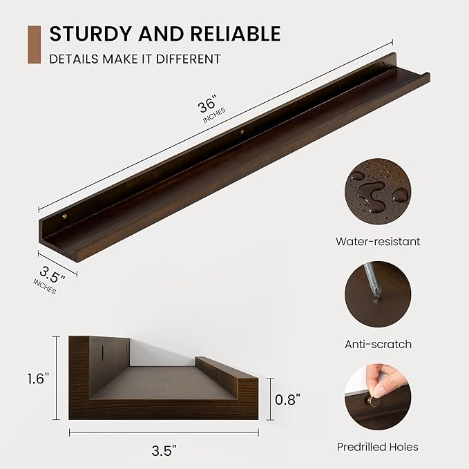 Picture Ledge Shelf, Solid Pine Wood Floating Shelves Set of 2, 36 Inches Nursery Book Shelves for Toys Storage, Kids Bookshelf Wall Mounted for Living Room Bedroom Decor Books Photo Frames, Walnut