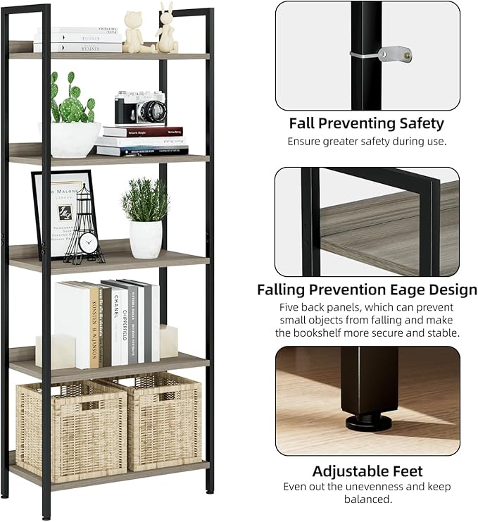NUMENN Bookshelf, 5 Tier Bookshelves, Home Office Bookcase Shelf Storage Organizer, Free Standing Storage Shelving Unit for Bedroom, Living Room and Home Office, Grey