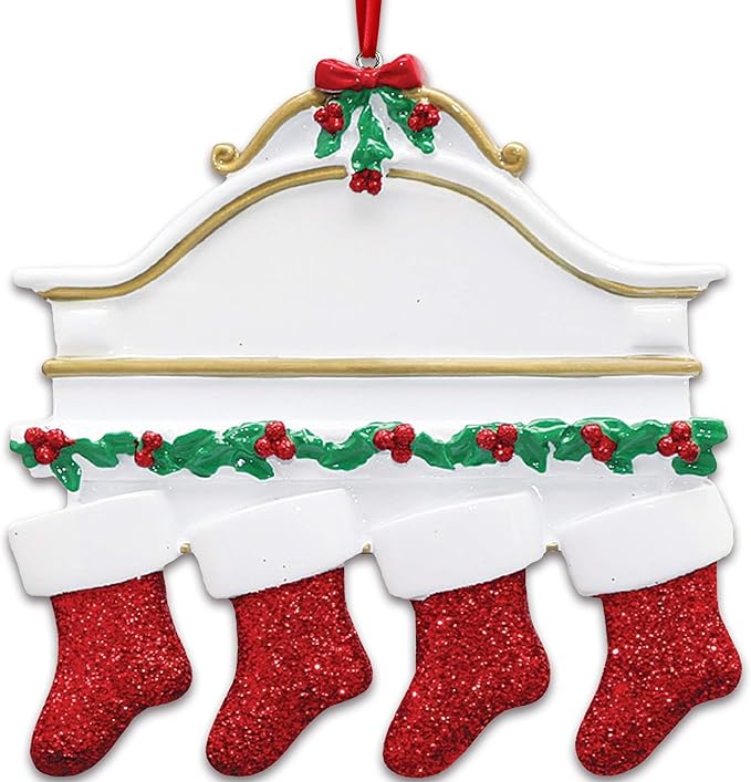 3D White Mantle Family of 4 Christmas Ornament 2025 Personalized Family Christmas Ornaments 2025 | Garland Fireplace Personalized Tree Ornaments Customizable Gifts Red Stockings of Four Ornament