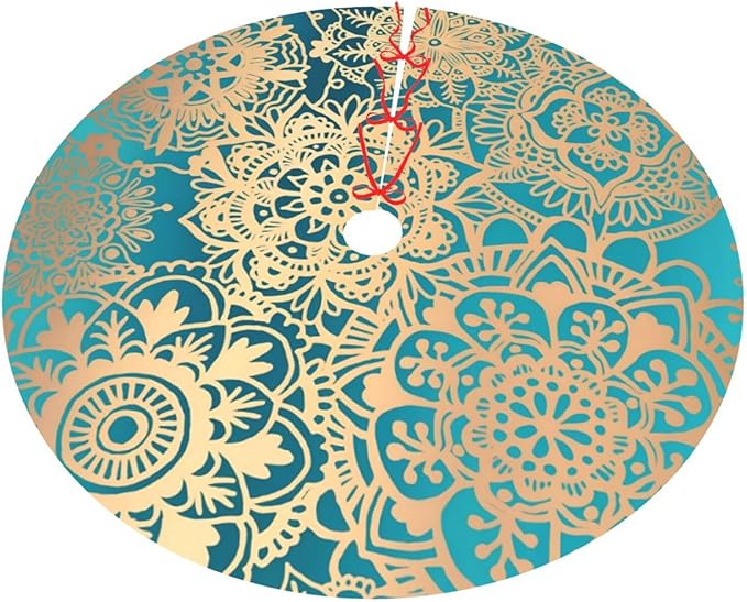 36" Large Christmas Tree Skirt, Elegant Teal Green Mandala Pattern Pattern Tree Mat Base Cover for Xmas Festive Holiday Party Decoration Ornaments