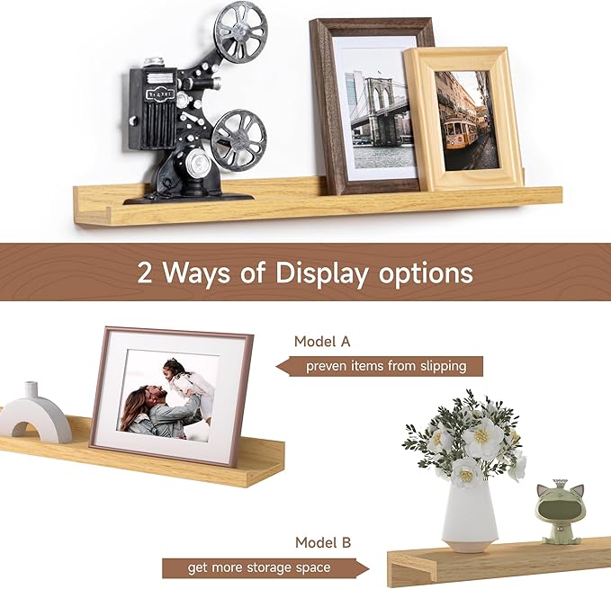 Fun Memories Picture Ledge Shelf, 24 Inch Floating Shelves Set of 2, Nursery Book Shelves for Toys Storage, Kids Bookshelf Wall Mounted for Wall Decor Books Photo Frames, Oak