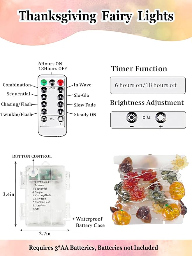 Fall Decorations 3D Pumpkin Acorn Maple Leaf Fairy Lights Battery Operated with Remote, 10FT 30 LED String Lights Outdoor & Indoor, Waterproof 8 Modes for Garland Harvest Thanksgiving Halloween Decor