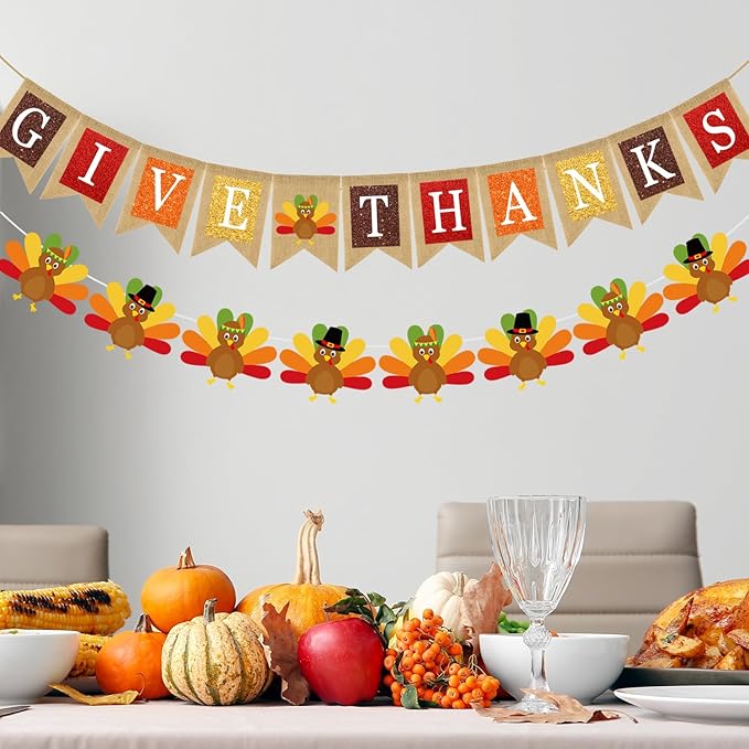 Doumeny 2Pcs Give Thanks Burlap Banner Turkey Paper Hanging Banner Thankful Bunting Garland with Turkey Thanksgiving Fall Party Garland Autumn Harvest Bunting Flag for Mantel Fireplace Farmhouse Decor