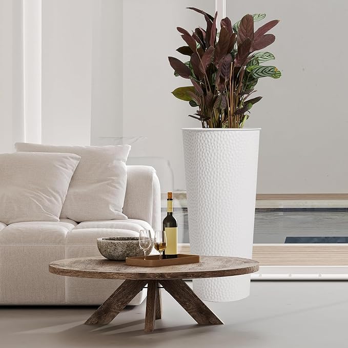 Worth Garden 2-Pack 28" H. Metal Planter with 2X Inside Pots - Hand-Hammered Texture Tall Cone Plant Pots - Large Handcrafted Flower Pot for Indoor Outdoor, Deck, Patio, Front Porch - White