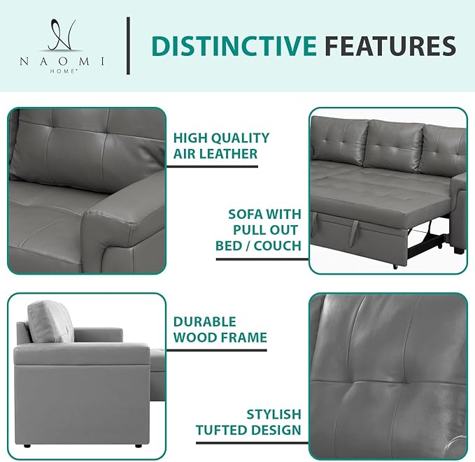 Naomi Home L-Shaped Reversible Sectional Sofa with Pull-Out Sleeper Bed and Storage Chaise, Gray Air Leather