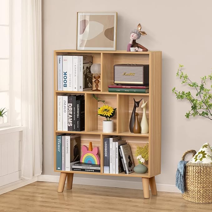 LEYAOYAO Wooden 7 Cube Book Shelf, Natural 3 Tier Bookshelf with Legs, Modern Open Storage Organizer,Boho Bookcase,Display Cabinet Shelf Free Standing Bookshelves for Bedroom,Living Room,Office