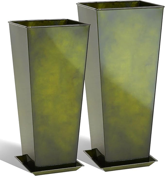 KOL 25'' & 28'' Tall Bright Glazed Planter with Insert, Set of 2, Galvanized Steel Planter Metal Pots with Drainage Hole for Indoor & Outdoor Use, Decorative Plant Pots for Front Porch, Patio - Green