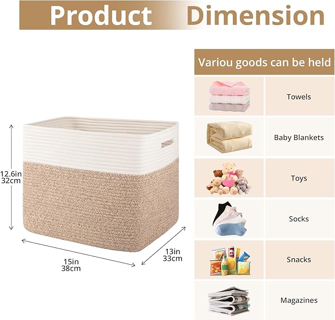 OIAHOMY 13 Kallax Inch Cube Storage Bins, 3-Pack Cotton Rope Woven Baskets for Organizing, Kallax Insert Storage Baskets for Shelves, Baby Nursery, Closet Organizer, 15*13*12.6IN, Brown & White