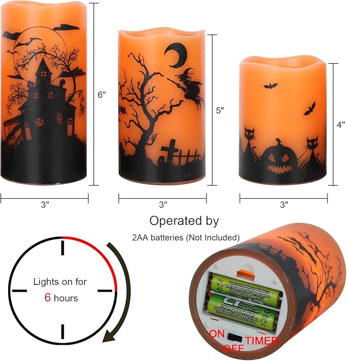 GenSwin Halloween Candles with Timer, Flickering Flameless Candles Battery Operated, 3 Pack Real Wax Pillar Candles for Halloween Home Decorations(D3” x H4”5”6”)