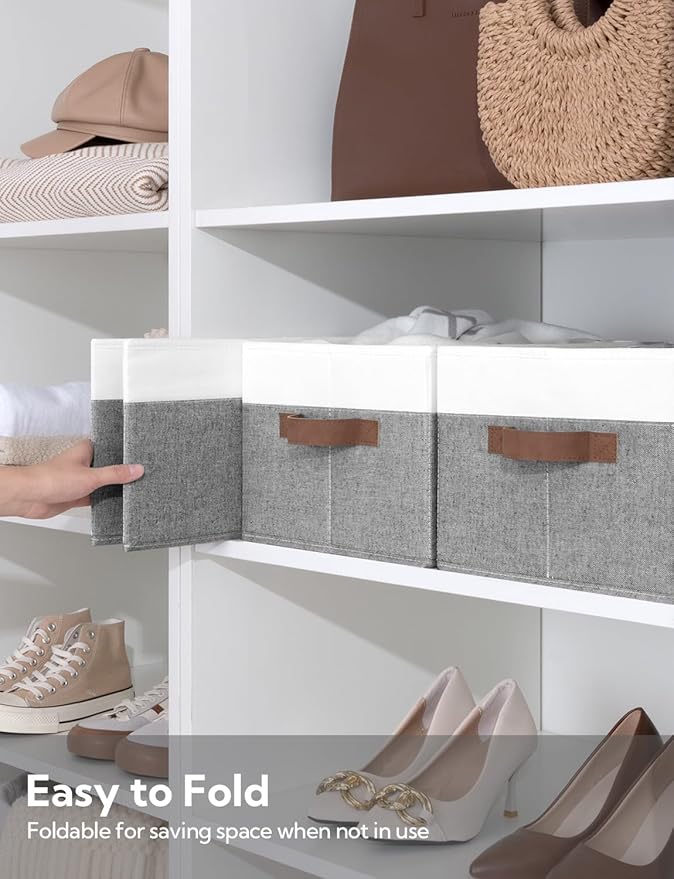 StorageWorks Storage Baskets for Shelves, Foldable Fabric Closet Storage Bins with Handles, Fabric Storage Bins Clothes Organizer, Gray and White, 3-Pack, Large