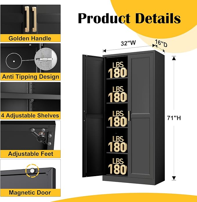 Kitchen Pantry Cabinet,71”Black Metal Pantry Storage Cabinet with Doors and 4 Adjustable Shelves,Kitchen Cabinet with 2 Gold Handles,Tall Cabinet for Livingroom,Pantry, Bathroom