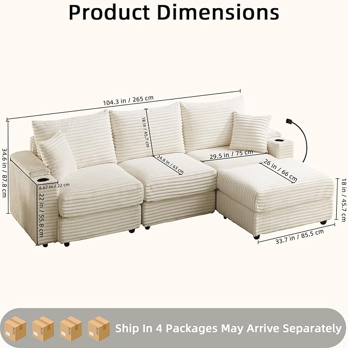 Modular Sectional Sofa Couch, Plush Corduroy Fabric Sectional Couches for Living Room with USB Charging Ports, Phone Holders, and Multi-Functional Storage Armrests (White, 3set+1ottoman)