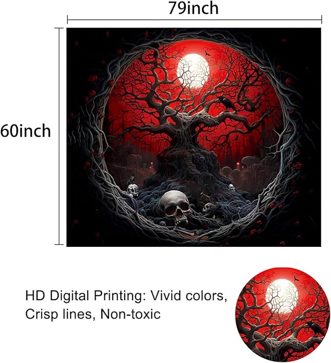 Atrippy Halloween Black Red Anime Tapestry, Gothic Dark Forest Moon Wall Hanging, Nature Skull Withered Tree Landscape Tapestries for Bedroom Living Room Men Dorm 60x 79 Inches