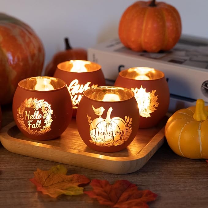 6 Pieces Thanksgiving Candle Holders Orange Pumpkin & Leaf Engraved Tealight Holders for Fall Table Centerpieces, Wedding & Home Decor Indoor and Outdoor
