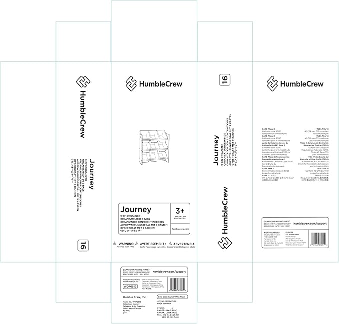 Humble Crew 9-Bin Toy Organizer – Journey Natural Wood with White Plastic Bins, 3-Tier Storage Solution for Kids' Playrooms and Nurseries